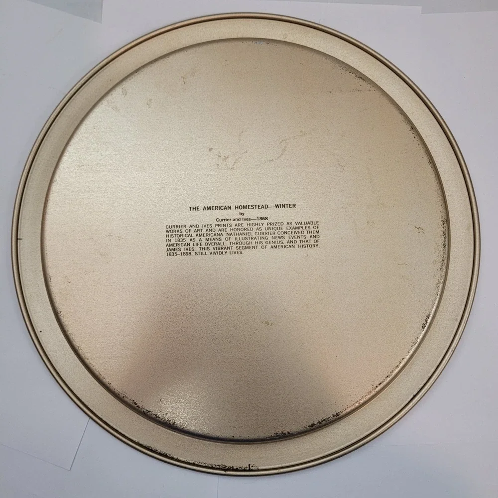 Currier and Ives Tin Serving Tray American Homestead Winter Metal 12in Round